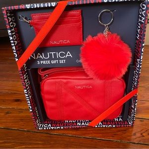 Nautica Candid Camera Adjustable Crossbody, Cardcase & Pom Pom Keychain Red NWT